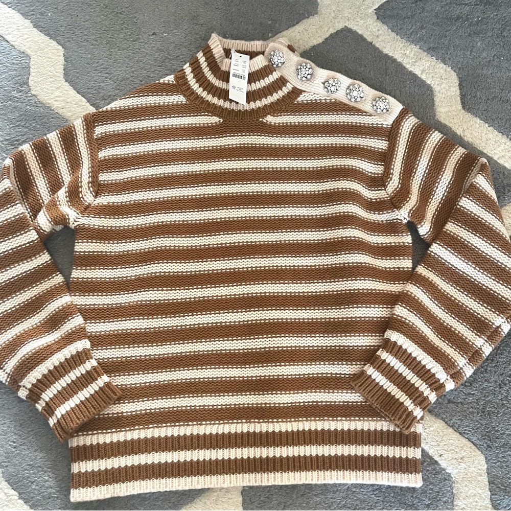J Crew Cable-knit mockneck pullover in stripe with jewel buttons in caramel.